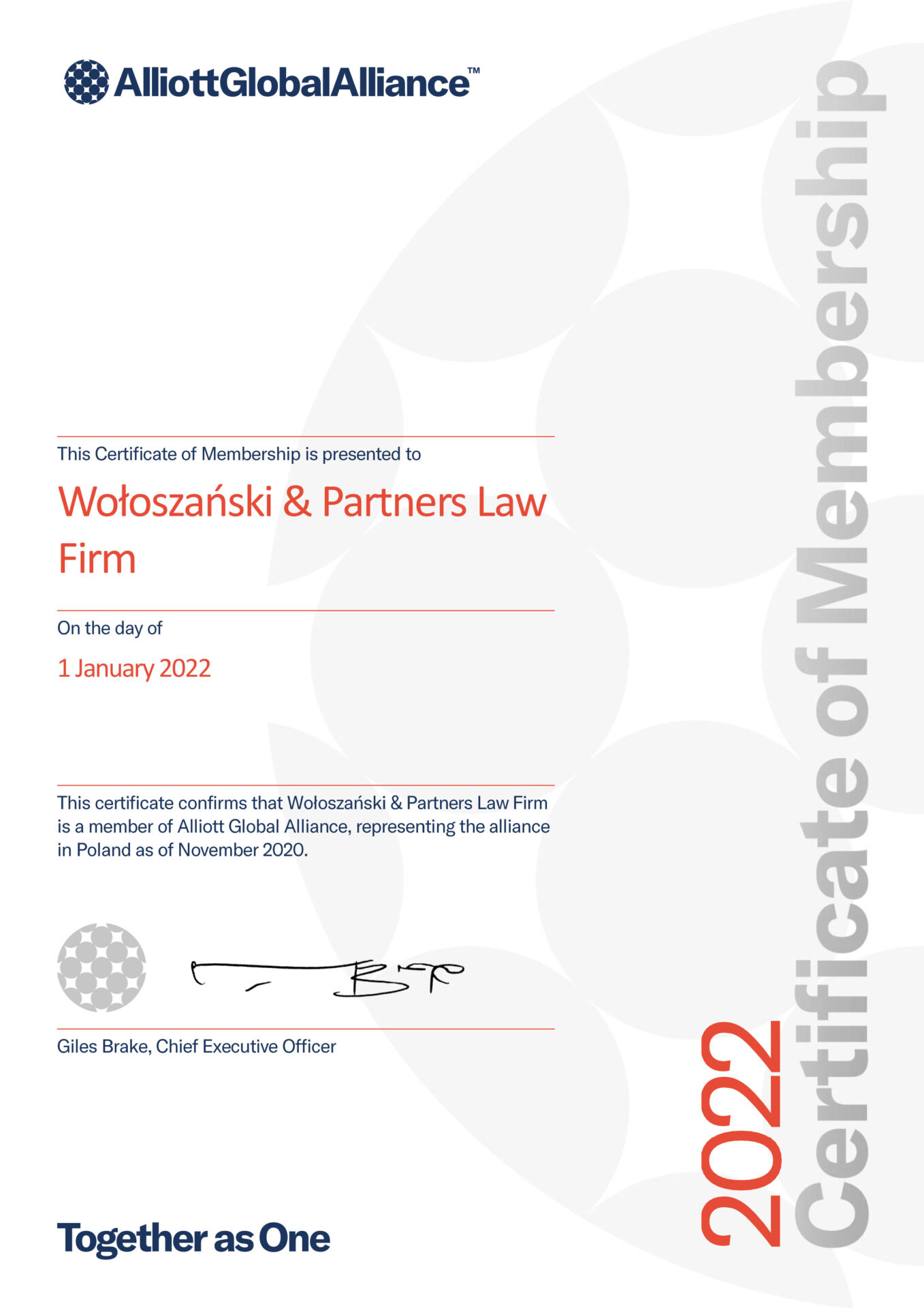 Wołoszański & Partners - member of Alliott Global Alliance_certificate 2022