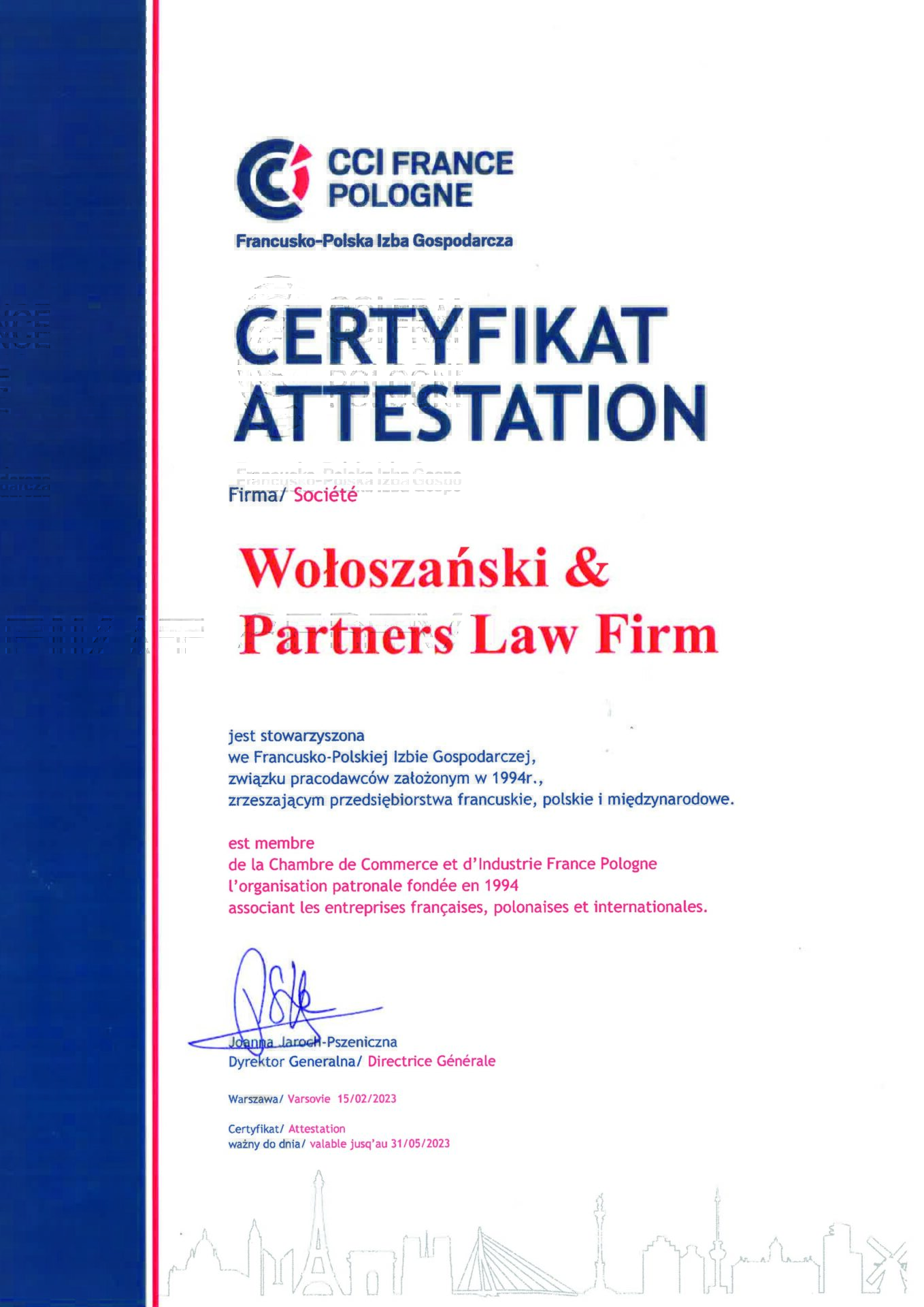 Wołoszański & Partners Certificate of membership at CCIFP