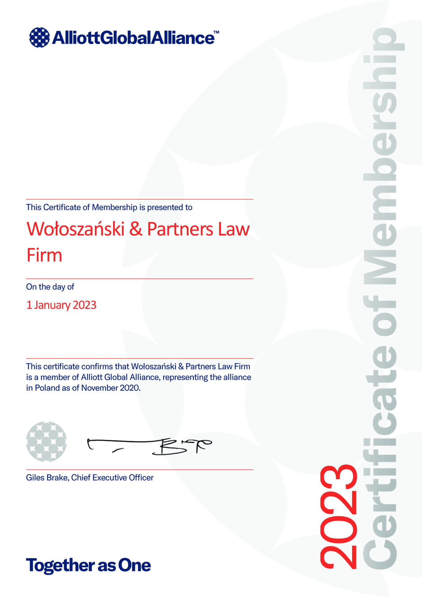 Wołoszański & Partners - member of Alliott Global Alliance certificate of membership 2023