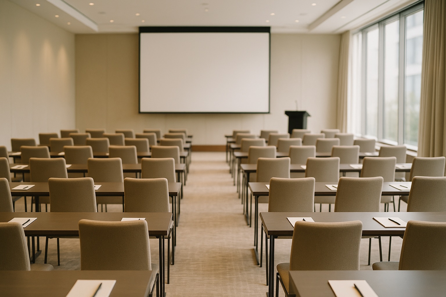 Sala szkoleniowa w hotelu przygotowana do szkolenia compliance i ESG