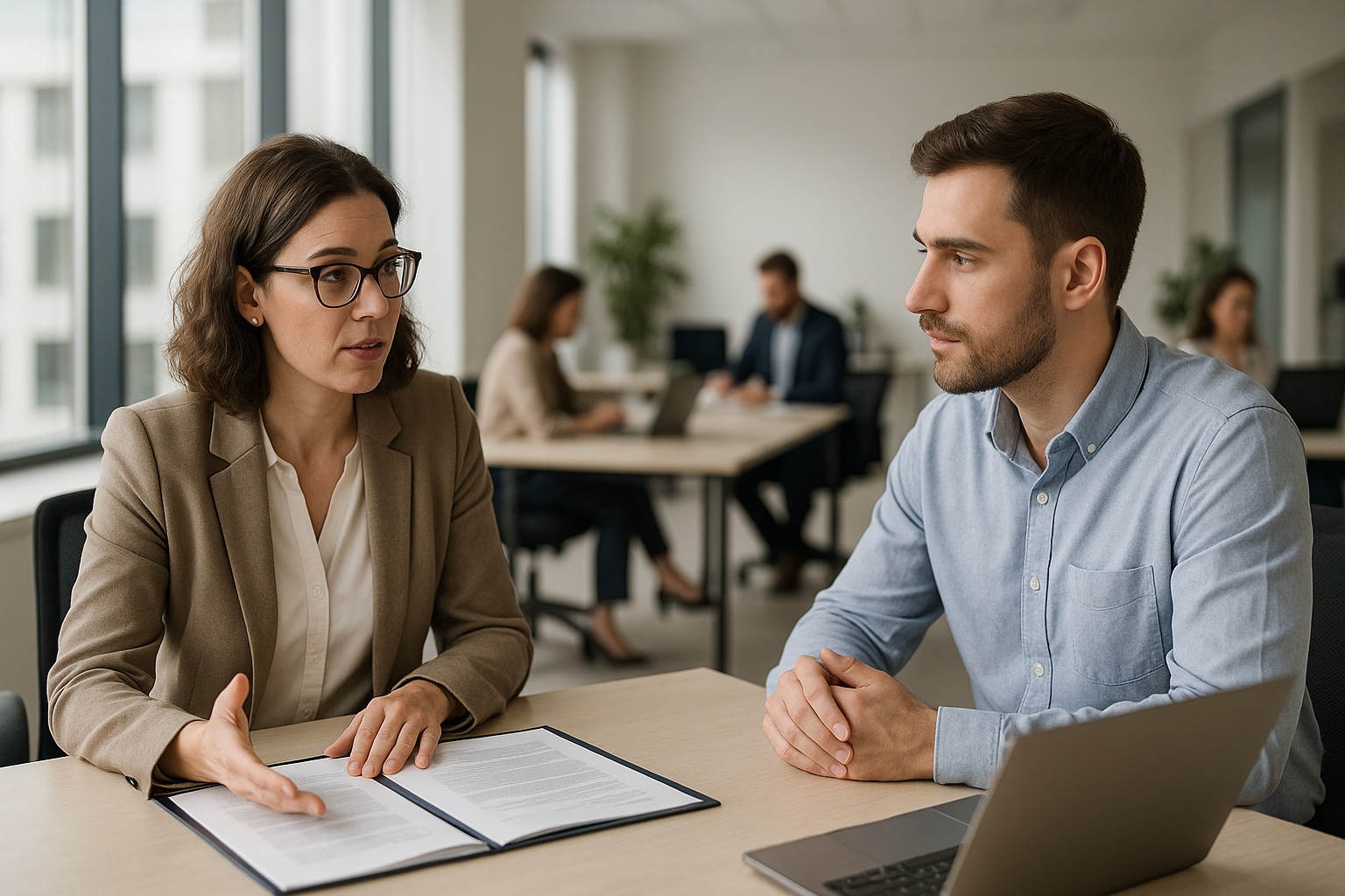 HR manager and an employee in conversation in a modern office